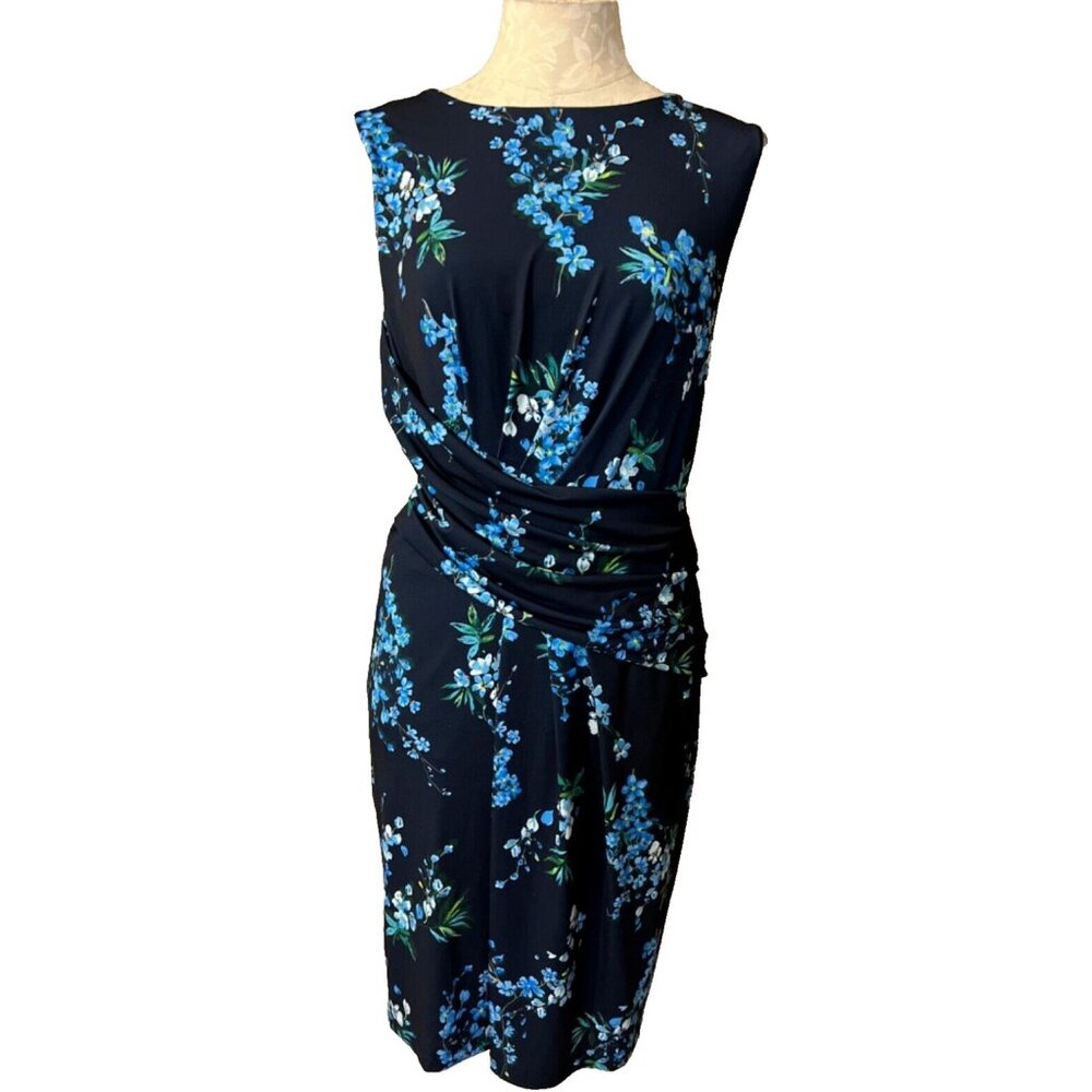 T Tahari Dress 10 Blue Floral Sleeveless Stretch Sheath Career Church Washable - Picture 3 of 9